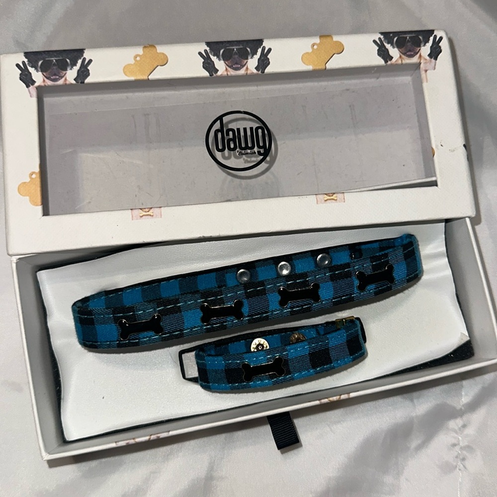 Erimish Dawg cuff bracelet & matching dog collar Pepper Medium Size plaid bone